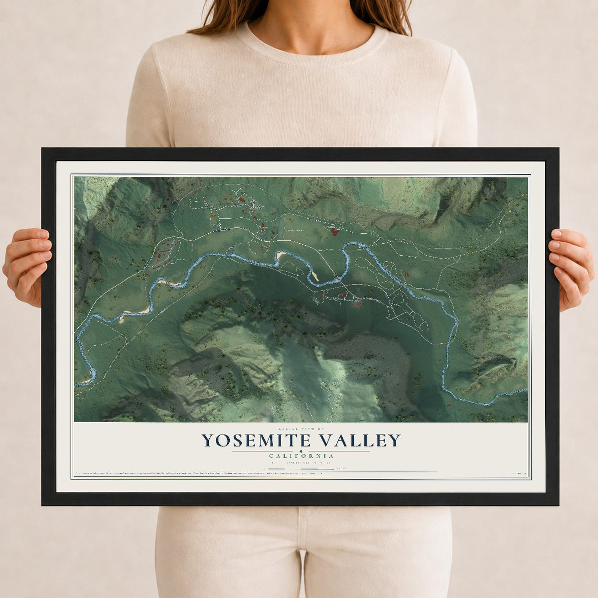 Map of Yosemite Valley, California, 12 x 18 inch print in a black wood frame