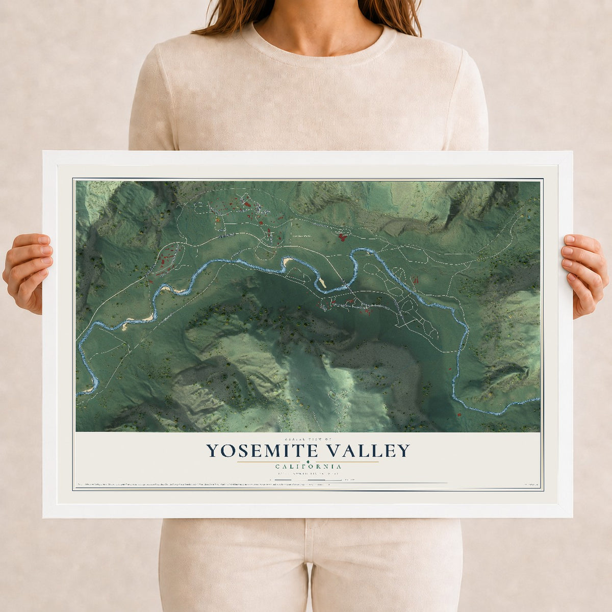 Map of Yosemite Valley, California, 12 x 18 inch print in a white wood frame