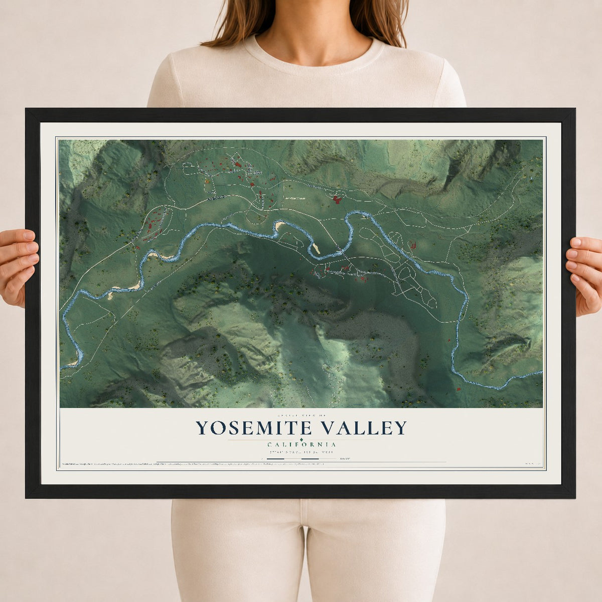 Map of Yosemite Valley, California, 18 x 24 inch print in a black wood frame