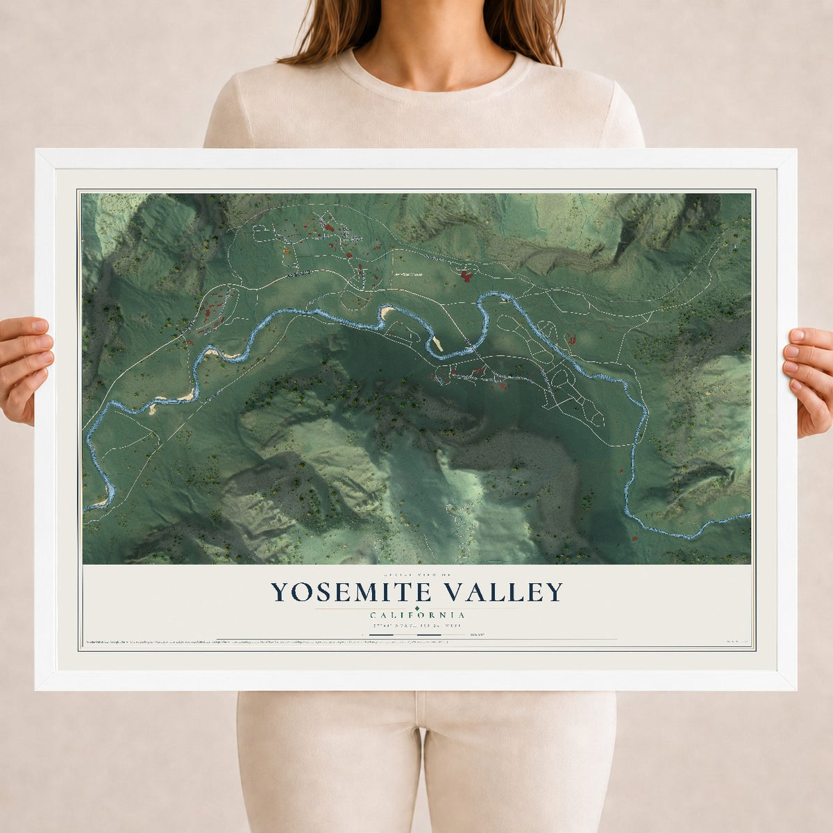 Map of Yosemite Valley, California, 18 x 24 inch print in a white wood frame