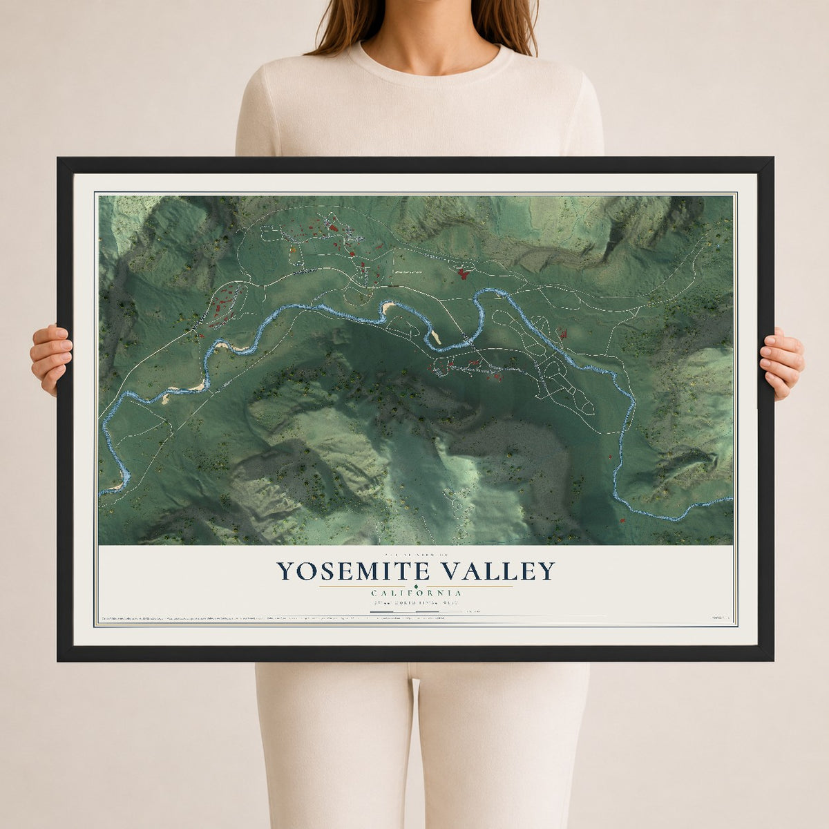 Map of Yosemite Valley, California, 24 x 36 inch print in a black wood frame