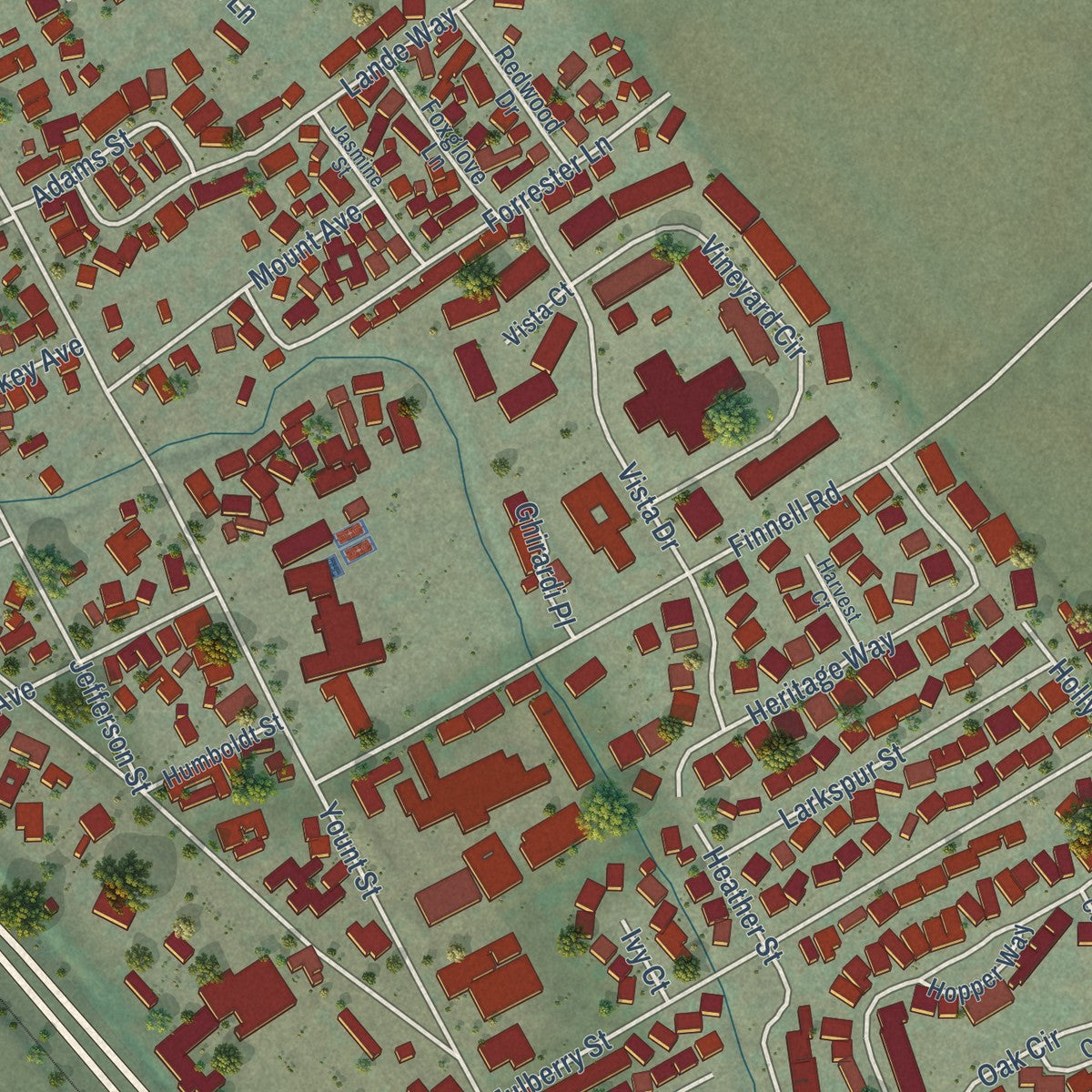 Close-up of the map of Yountville, California print showing street and building detail