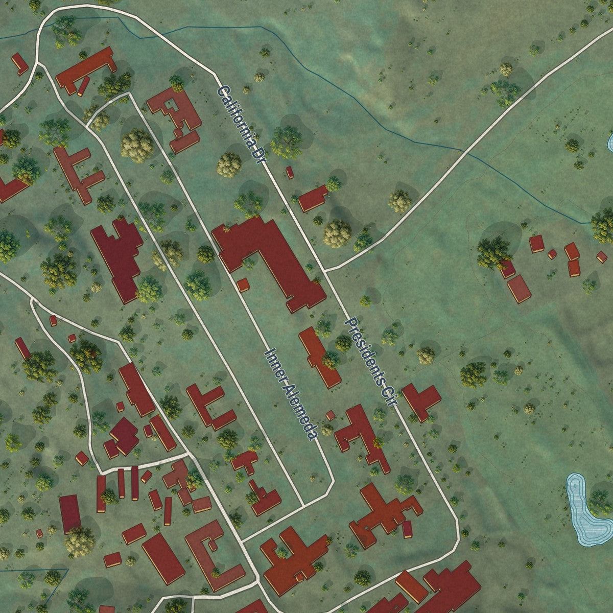 Second close-up of the map of Yountville, California print showing more streets and buildings