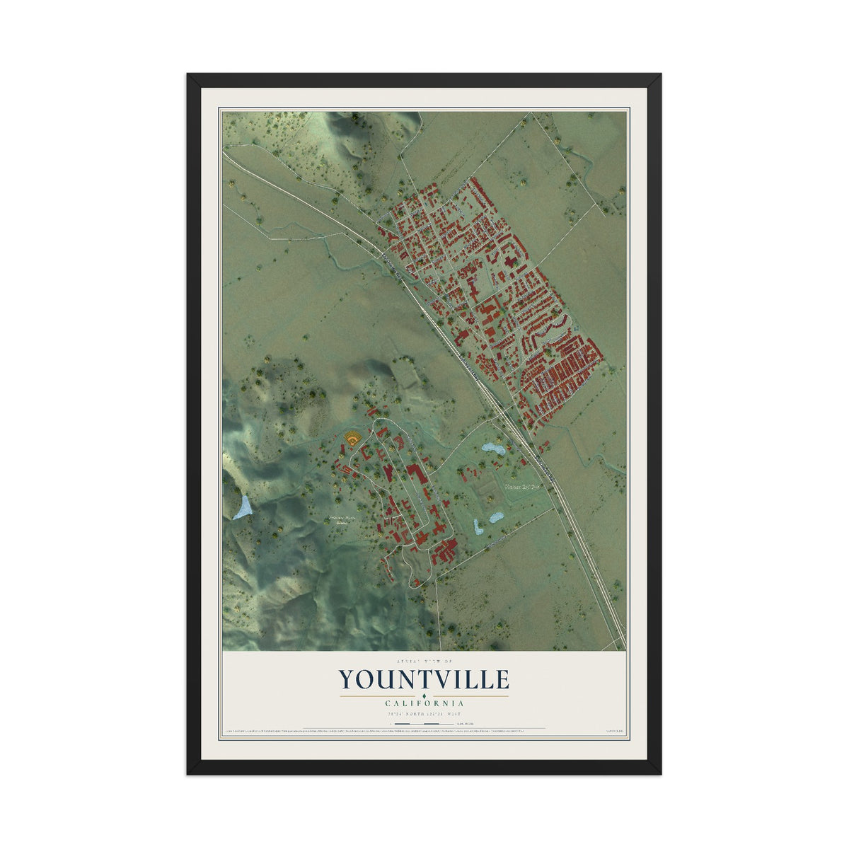 Map of Yountville, California, 12 x 18 inch print in a black wood frame