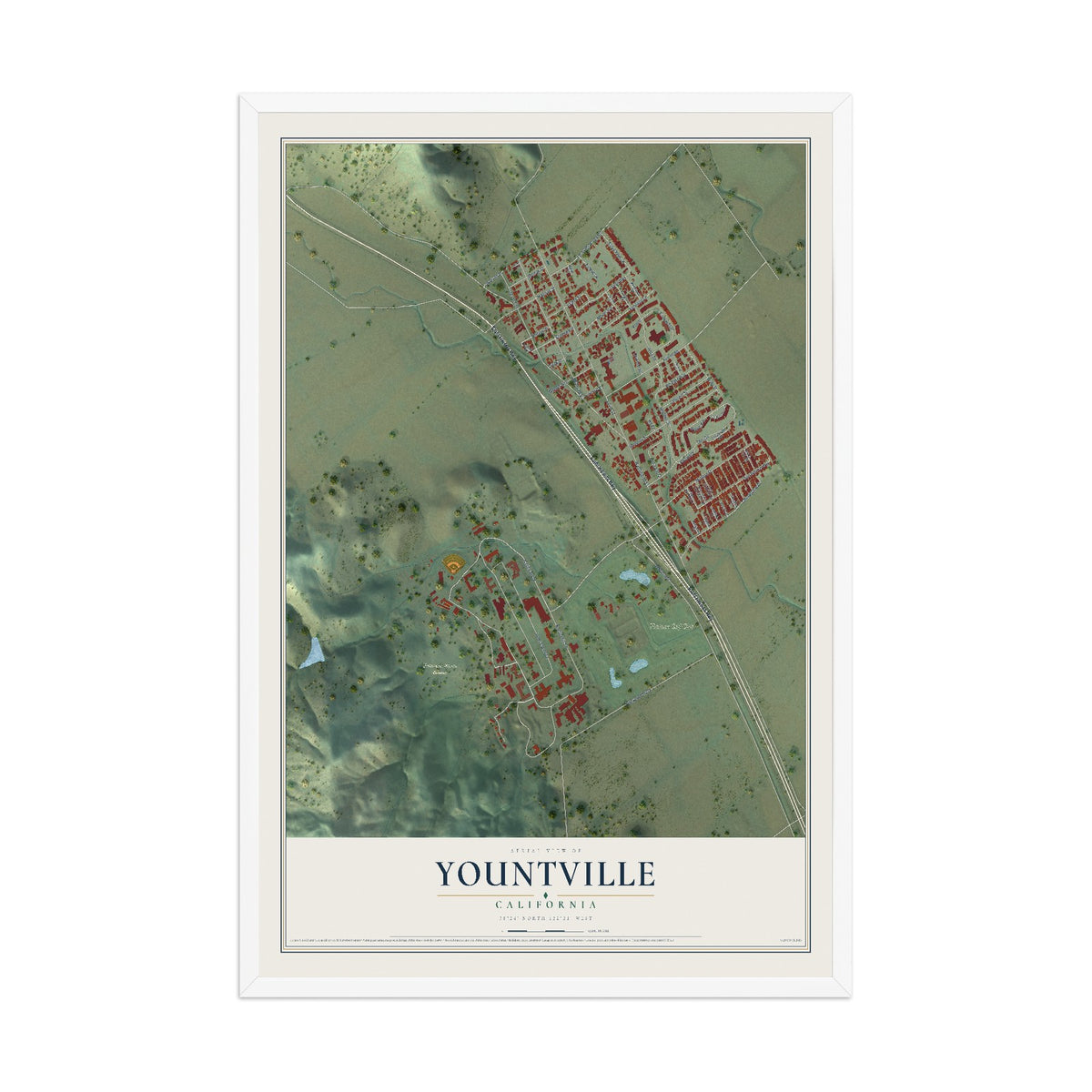Map of Yountville, California, 12 x 18 inch print in a white wood frame