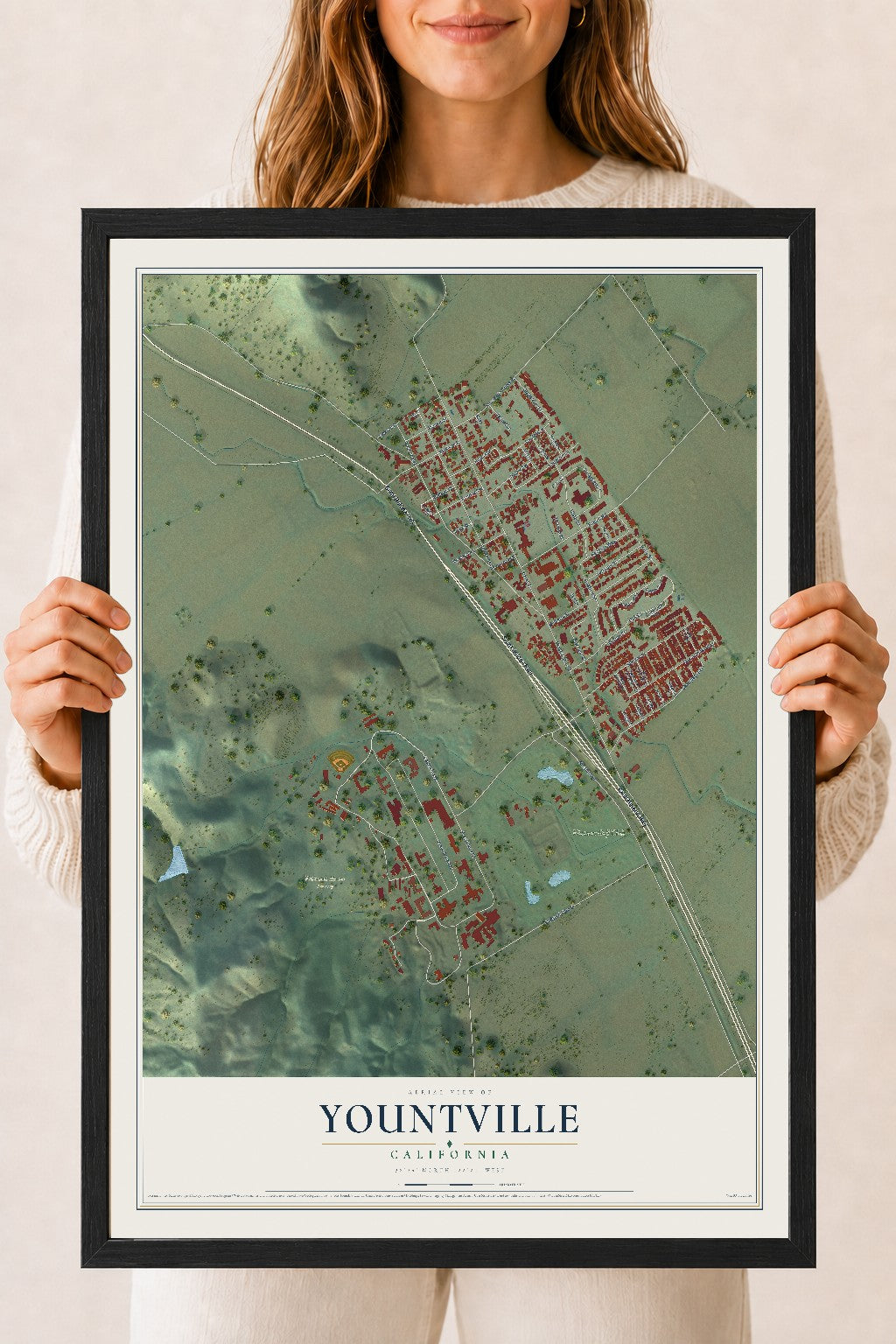 Map of Yountville, California, 18 x 24 inch print in a black wood frame