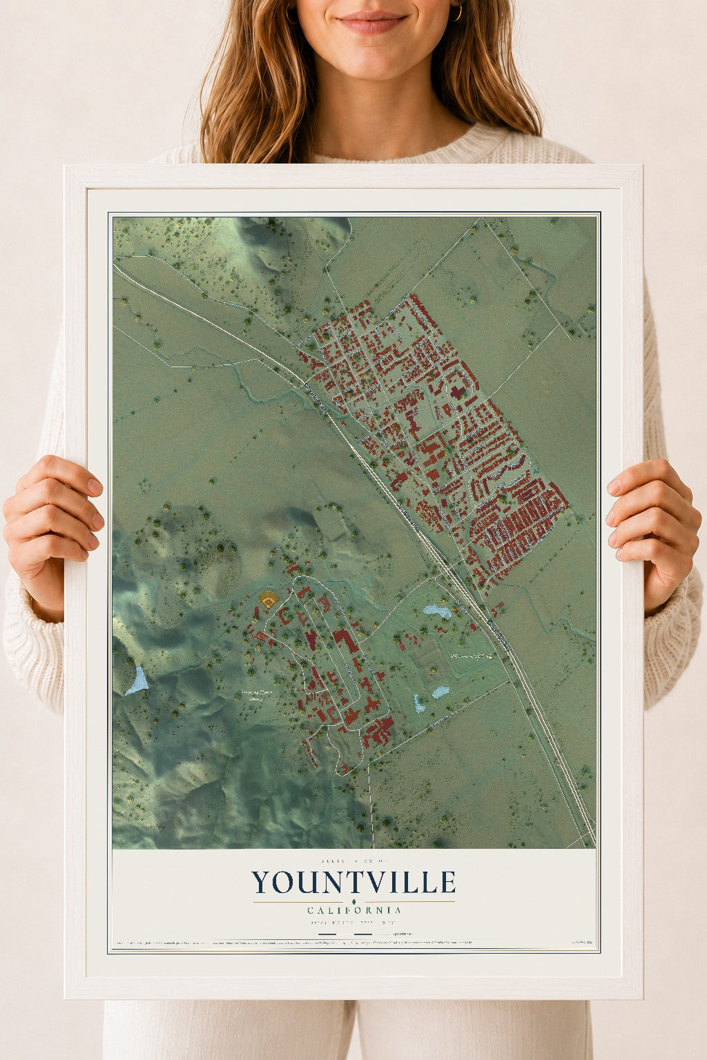Map of Yountville, California, 18 x 24 inch print in a white wood frame