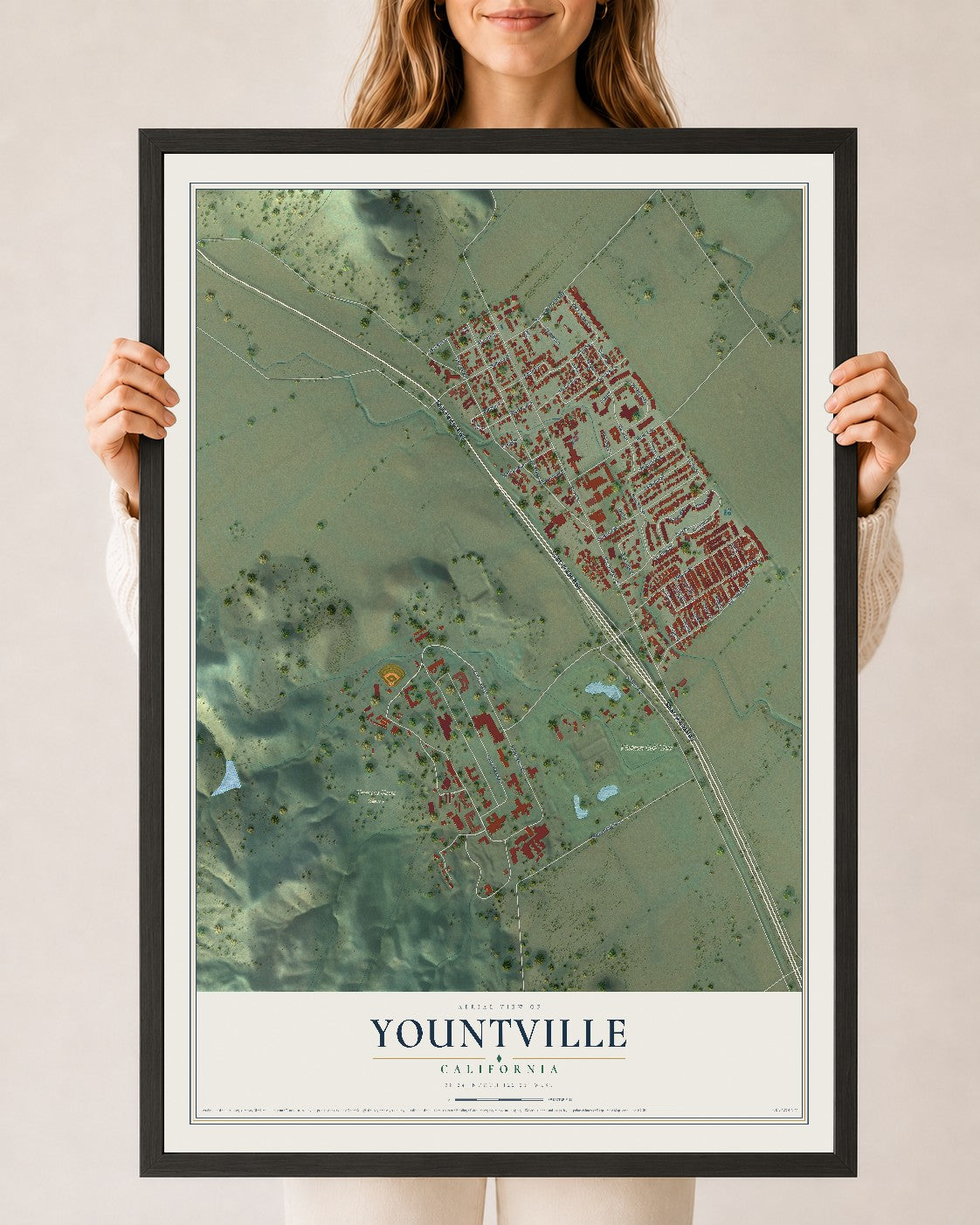 Map of Yountville, California, 24 x 36 inch print in a black wood frame