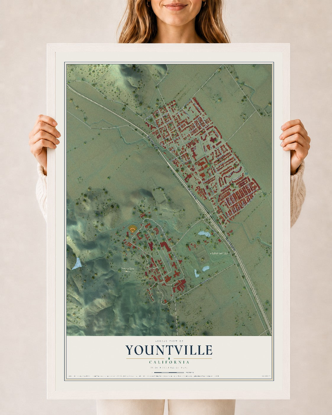Map of Yountville, California, 24 x 36 inch print in a white wood frame
