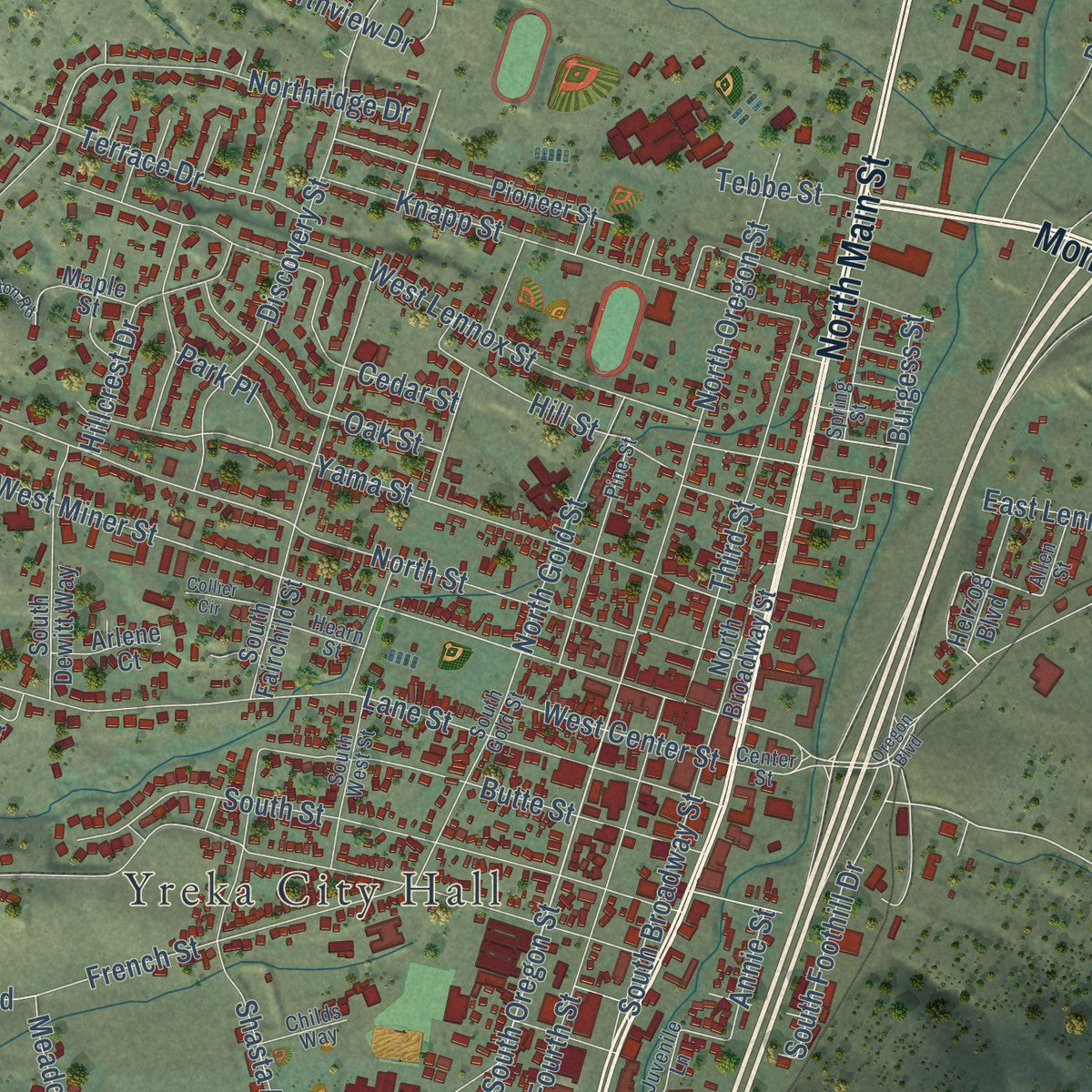 Close-up of the map of Yreka, California print showing street and building detail