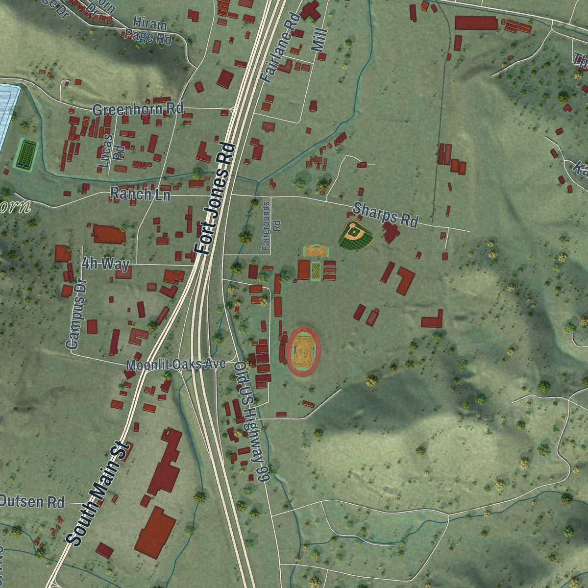 Second close-up of the map of Yreka, California print showing more streets and buildings