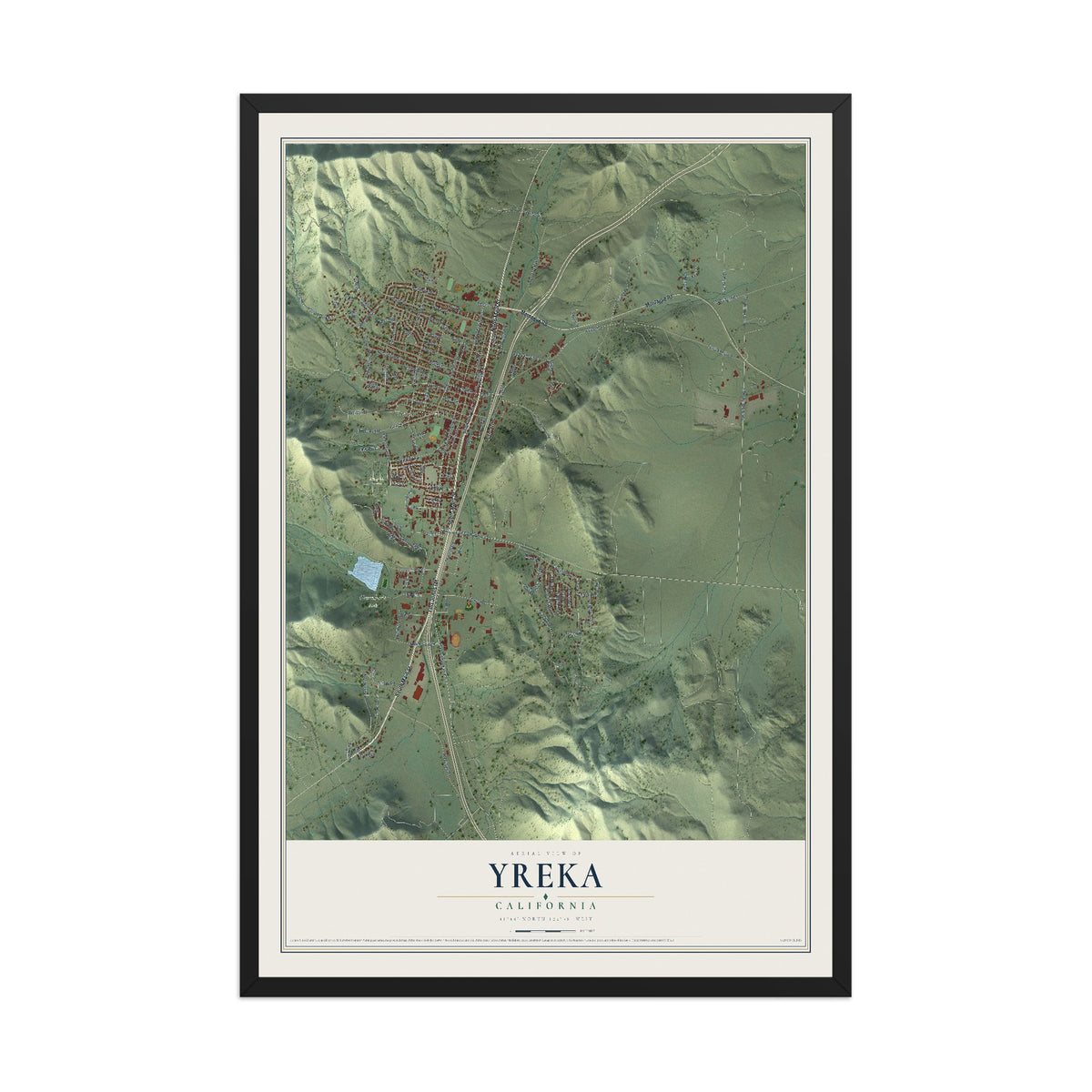 Map of Yreka, California, 12 x 18 inch print in a black wood frame