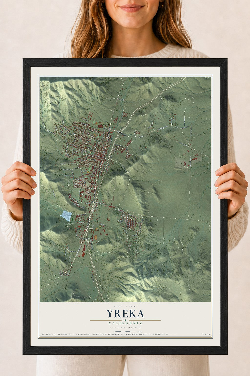 Map of Yreka, California, 18 x 24 inch print in a black wood frame