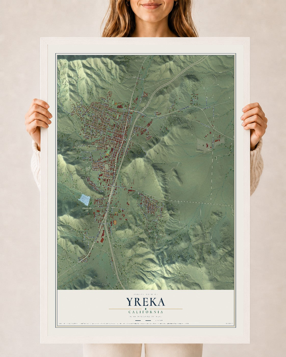 Map of Yreka, California, 24 x 36 inch print in a white wood frame