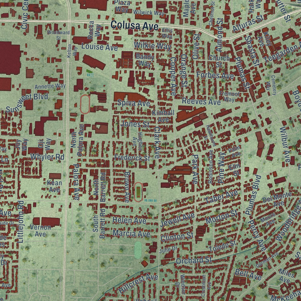 Close-up of the map of Yuba City, California print showing street and building detail