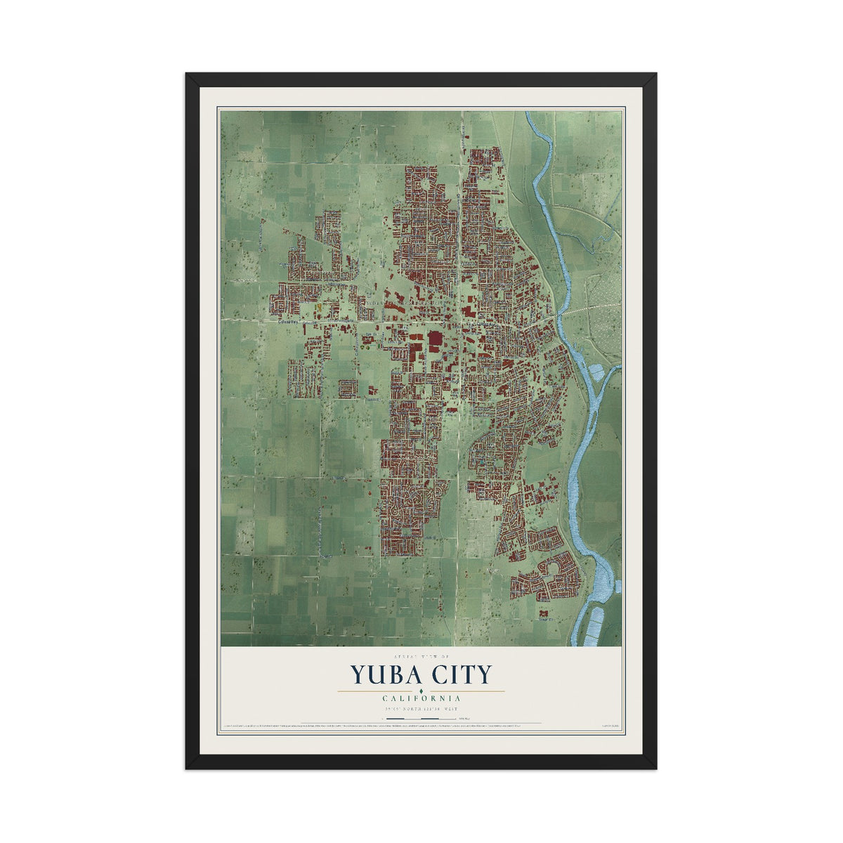 Map of Yuba City, California, 12 x 18 inch print in a black wood frame