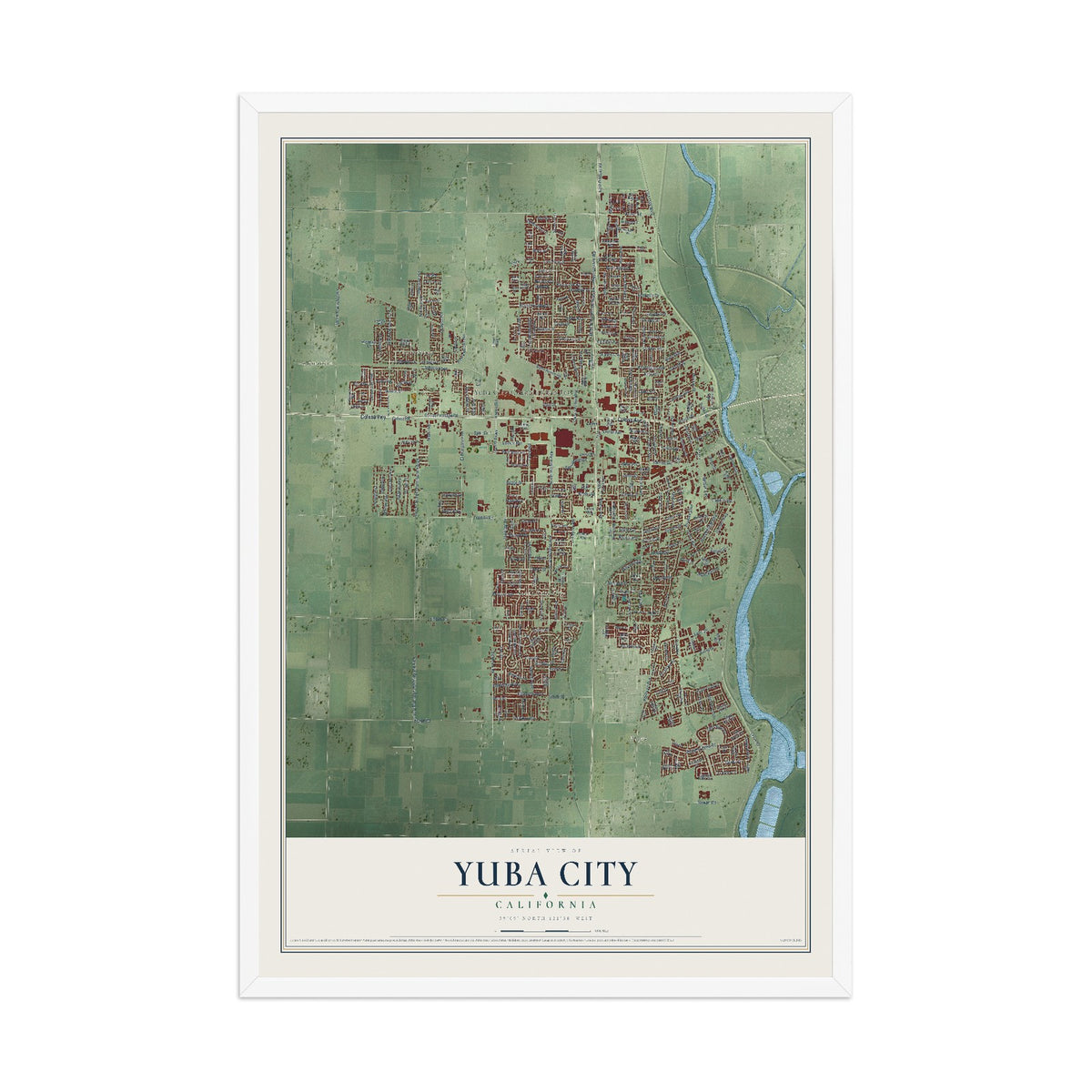 Map of Yuba City, California, 12 x 18 inch print in a white wood frame