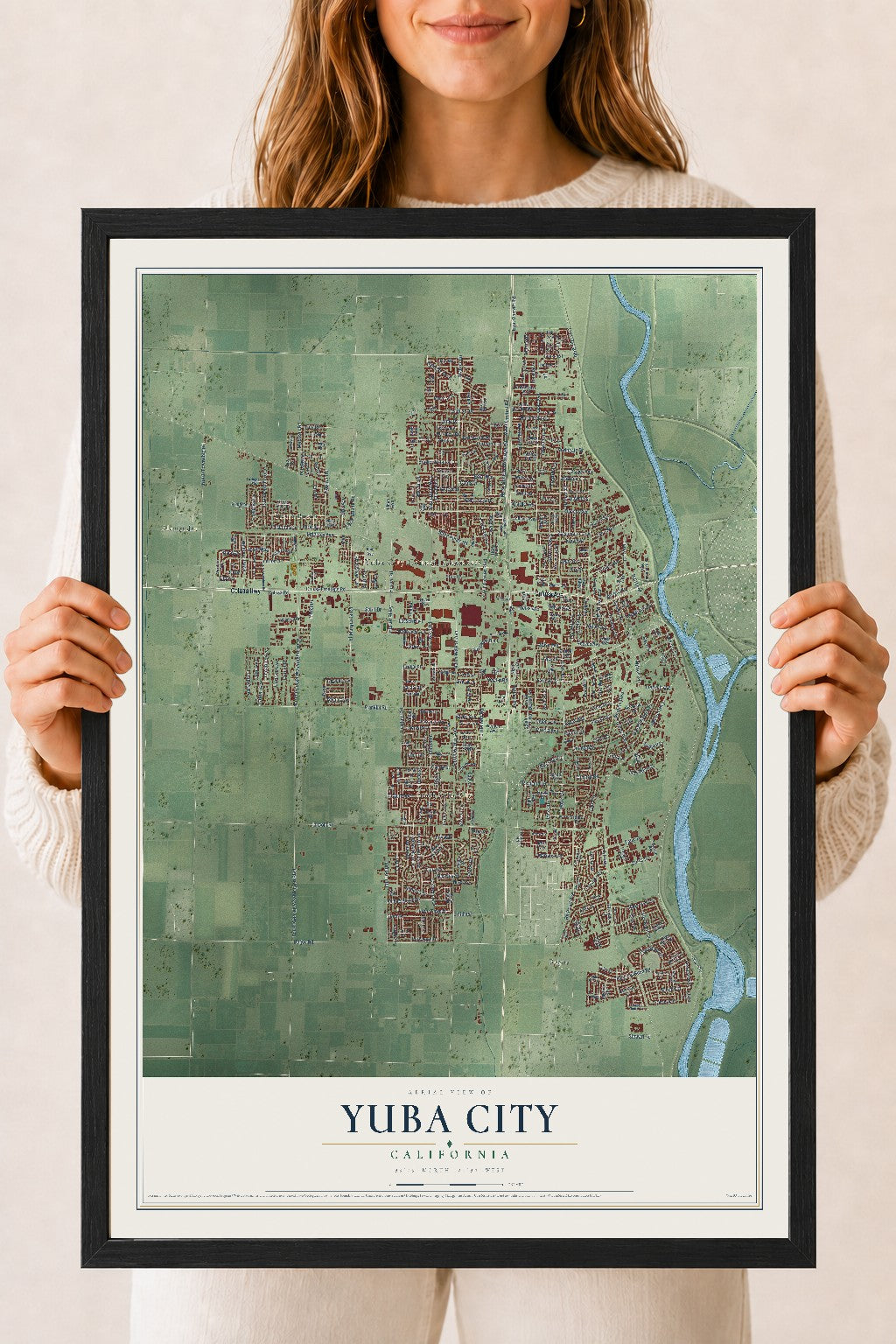 Map of Yuba City, California, 18 x 24 inch print in a black wood frame