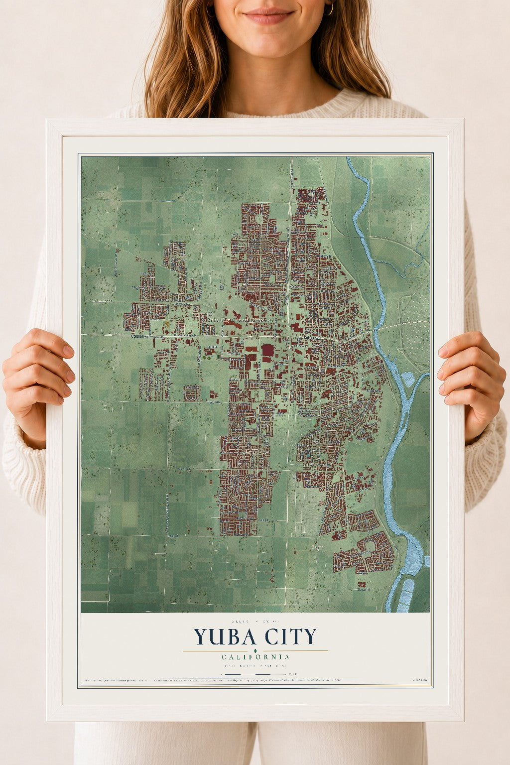 Map of Yuba City, California, 18 x 24 inch print in a white wood frame