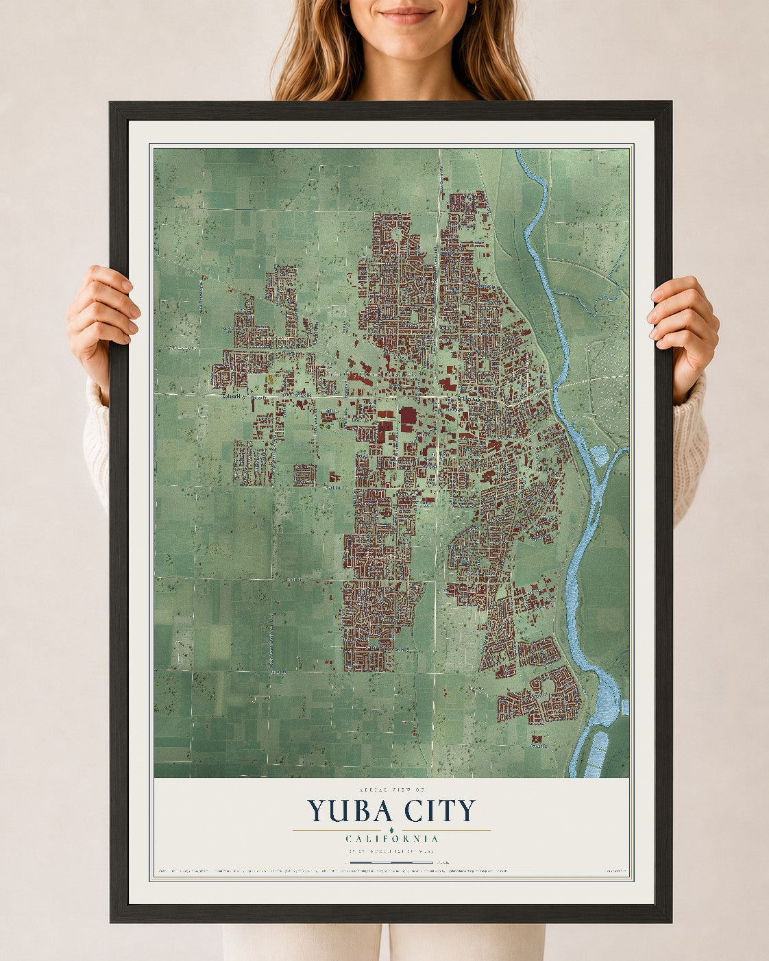 Map of Yuba City, California, 24 x 36 inch print in a black wood frame