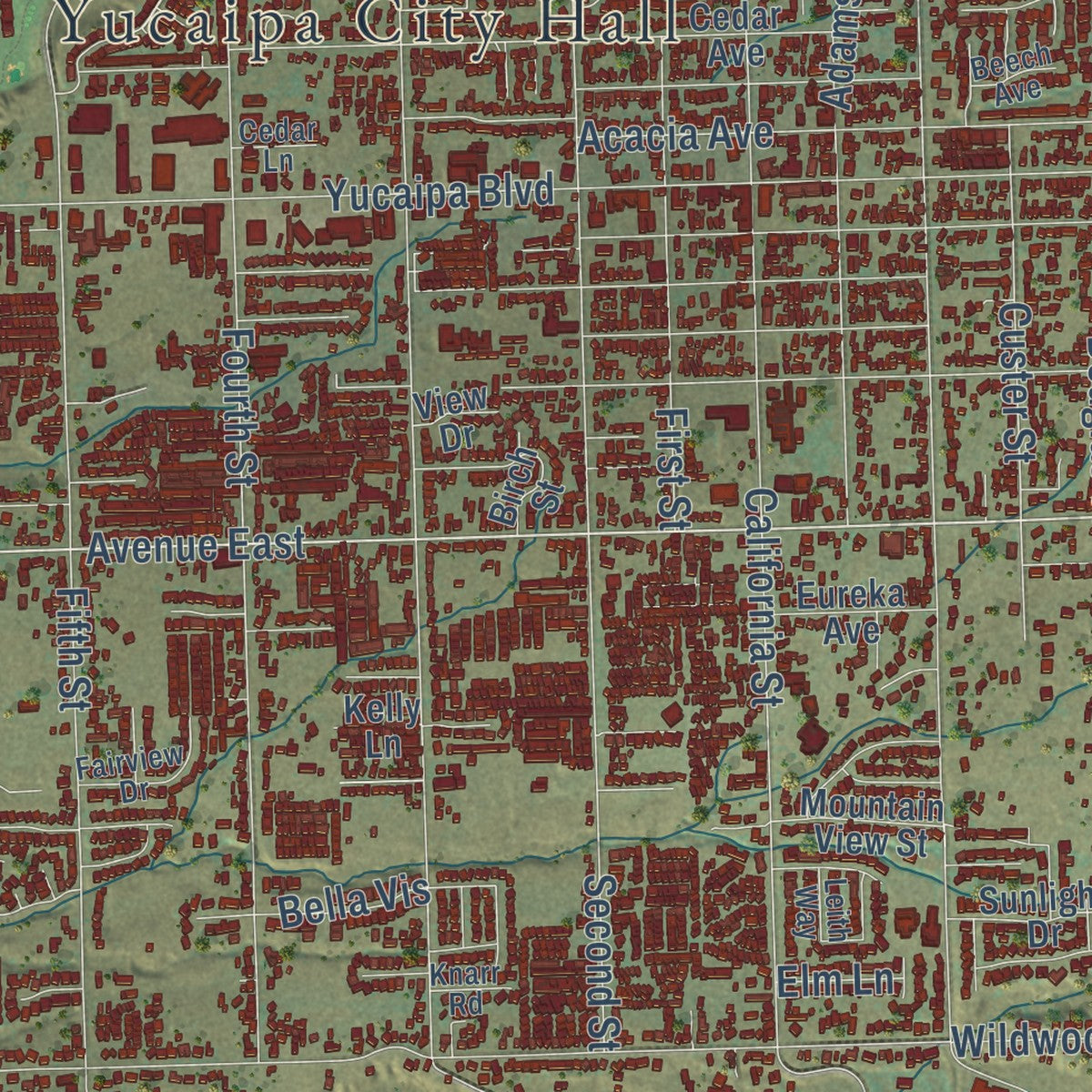 Close-up of the map of Yucaipa, California print showing street and building detail