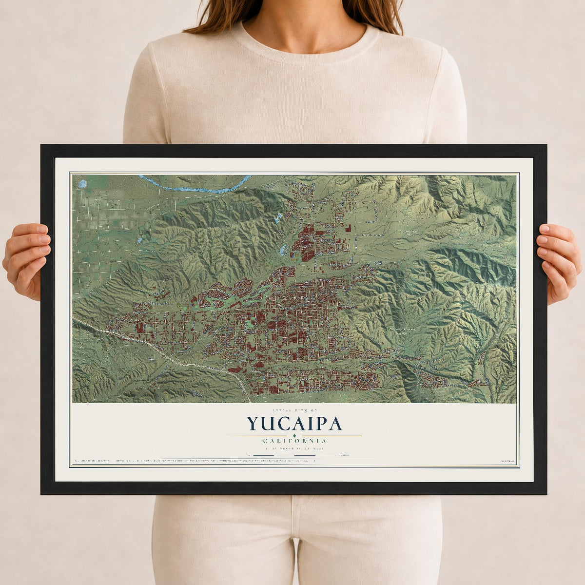 Map of Yucaipa, California, 12 x 18 inch print in a black wood frame