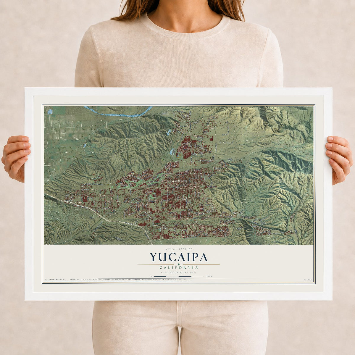 Map of Yucaipa, California, 12 x 18 inch print in a white wood frame