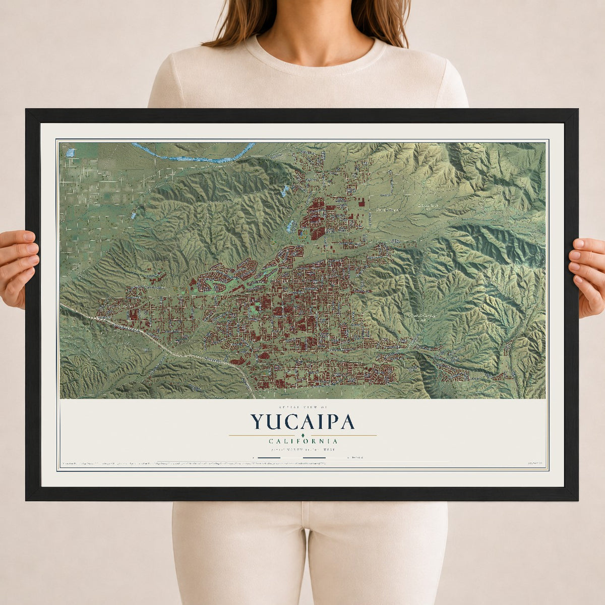 Map of Yucaipa, California, 18 x 24 inch print in a black wood frame