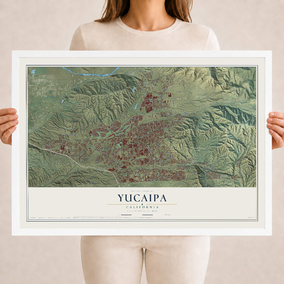 Map of Yucaipa, California, 18 x 24 inch print in a white wood frame