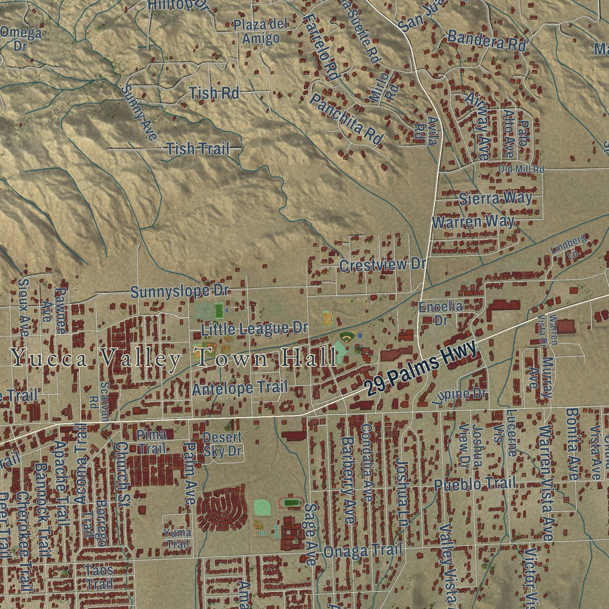 Close-up of the map of Yucca Valley, California print showing street and building detail