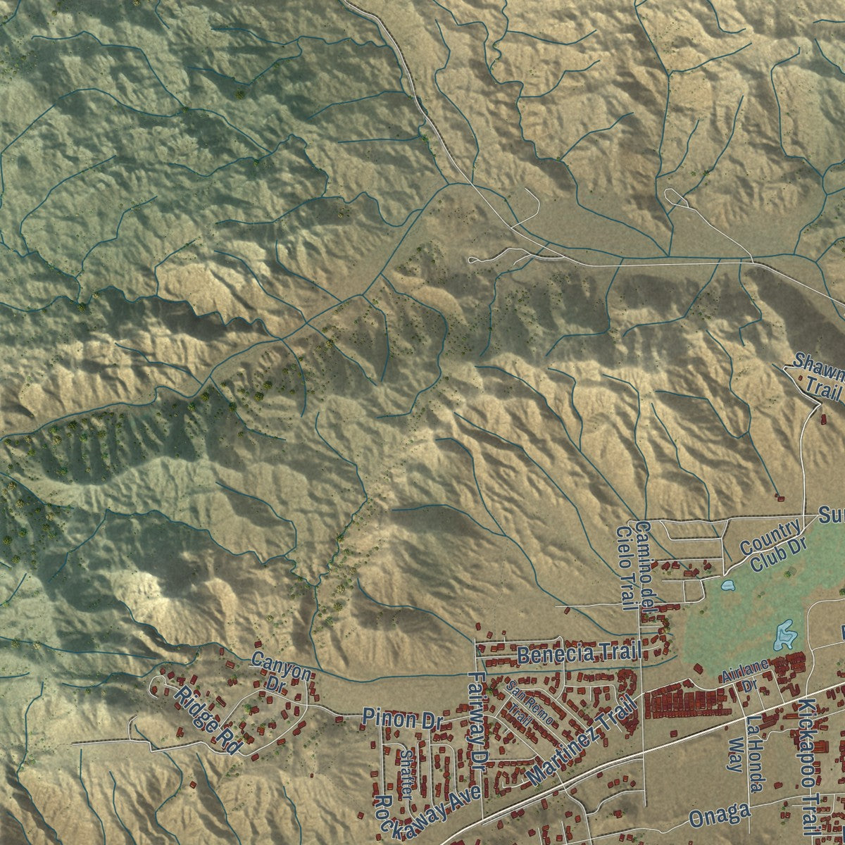 Second close-up of the map of Yucca Valley, California print showing more streets and buildings