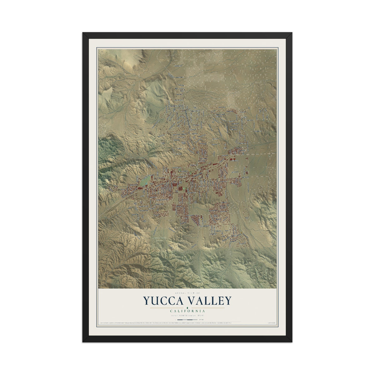Map of Yucca Valley, California, 12 x 18 inch print in a black wood frame