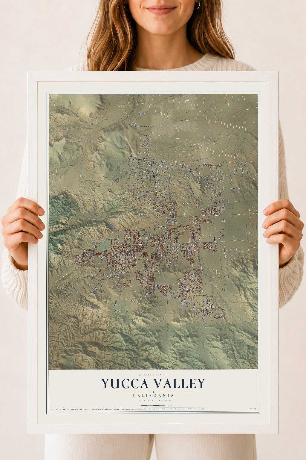 Map of Yucca Valley, California, 18 x 24 inch print in a white wood frame