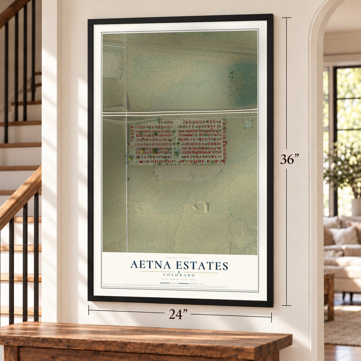 Aetna Estates, Colorado map, 24 x 36 inch print in a black frame by a staircase