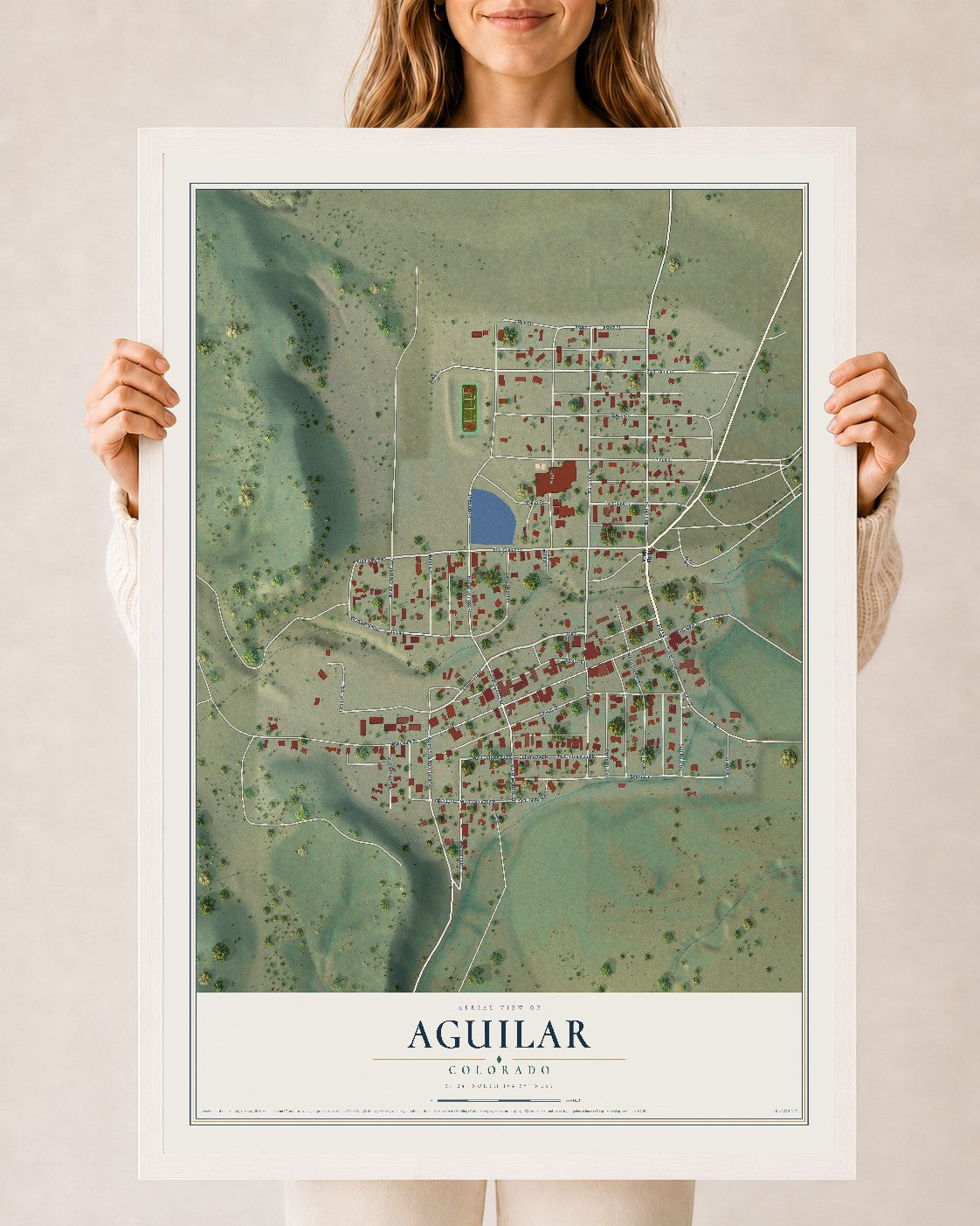 Map of Aguilar, Colorado, 24 x 36 inch print in a white wood frame