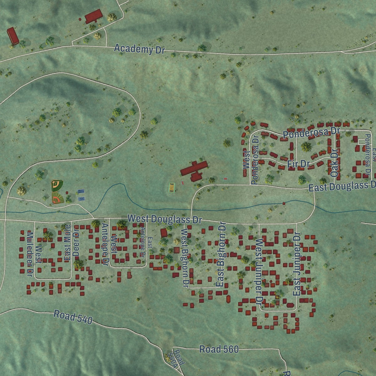 Close-up of the map of Air Force Academy, Colorado print showing street and building detail