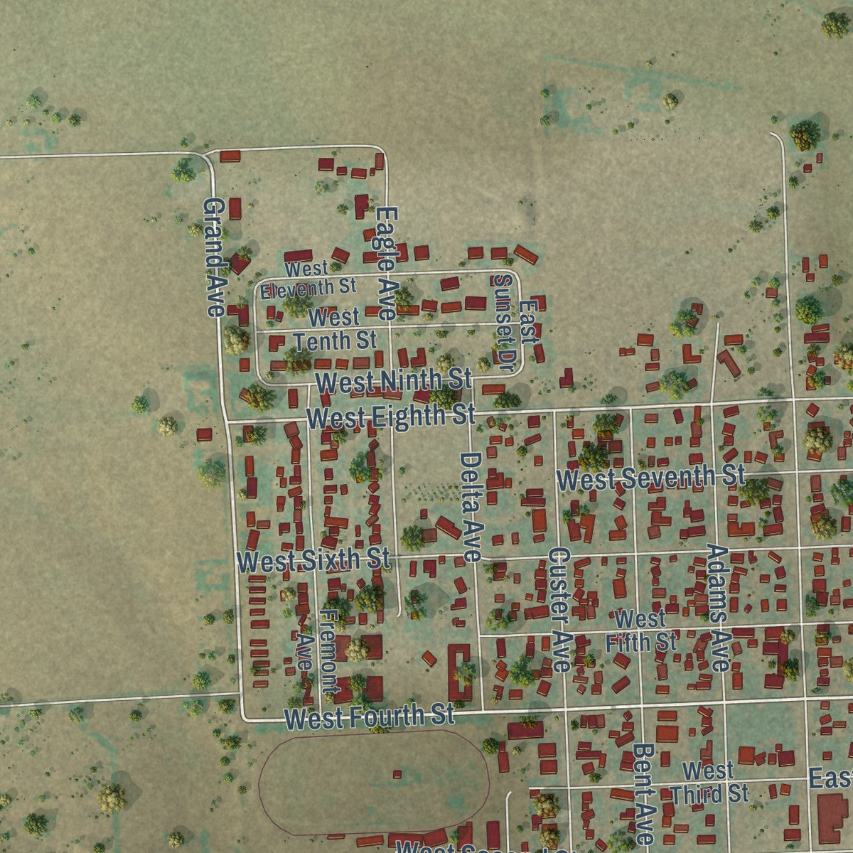 Second close-up of the map of Akron, Colorado print showing more streets and buildings
