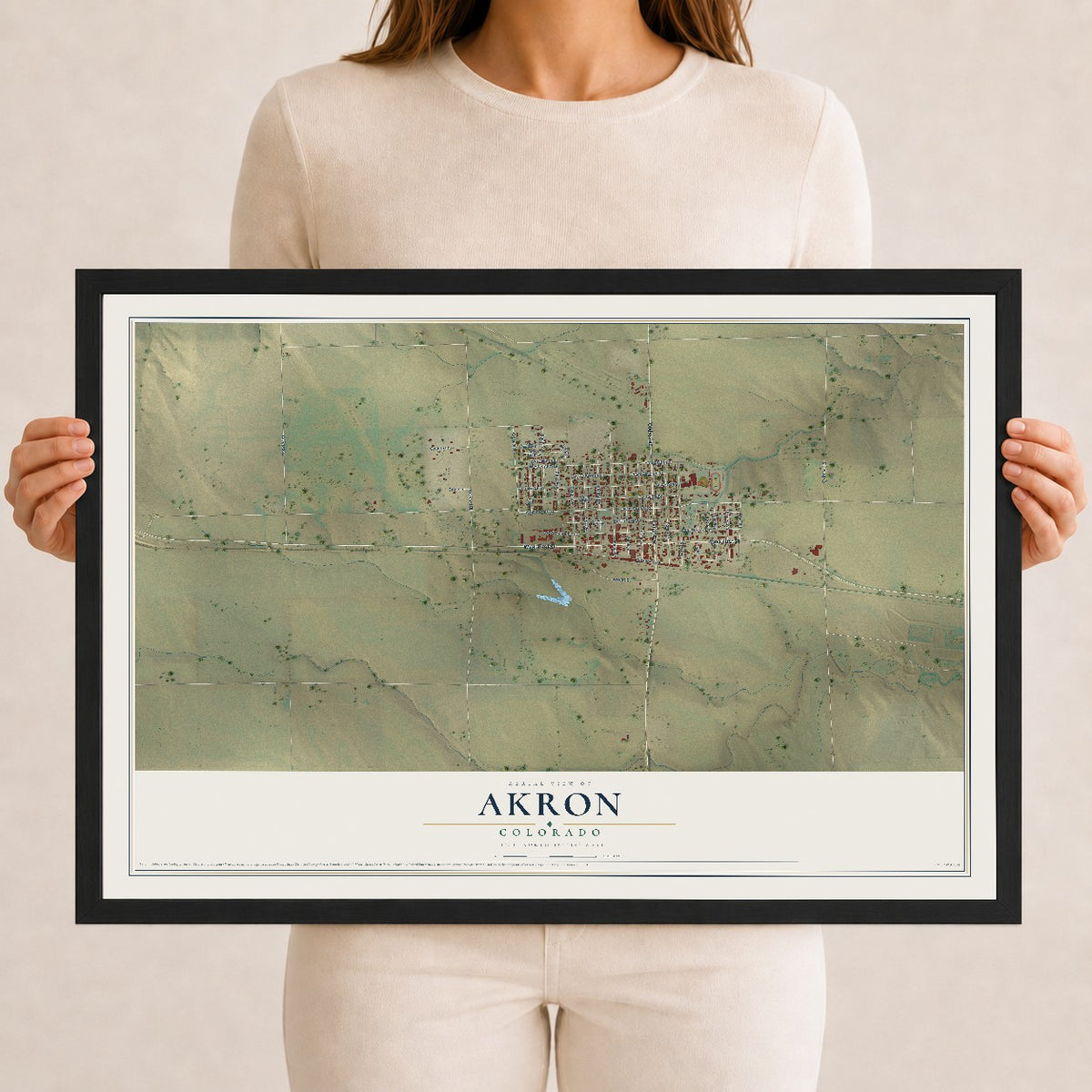 Map of Akron, Colorado, 12 x 18 inch print in a black wood frame
