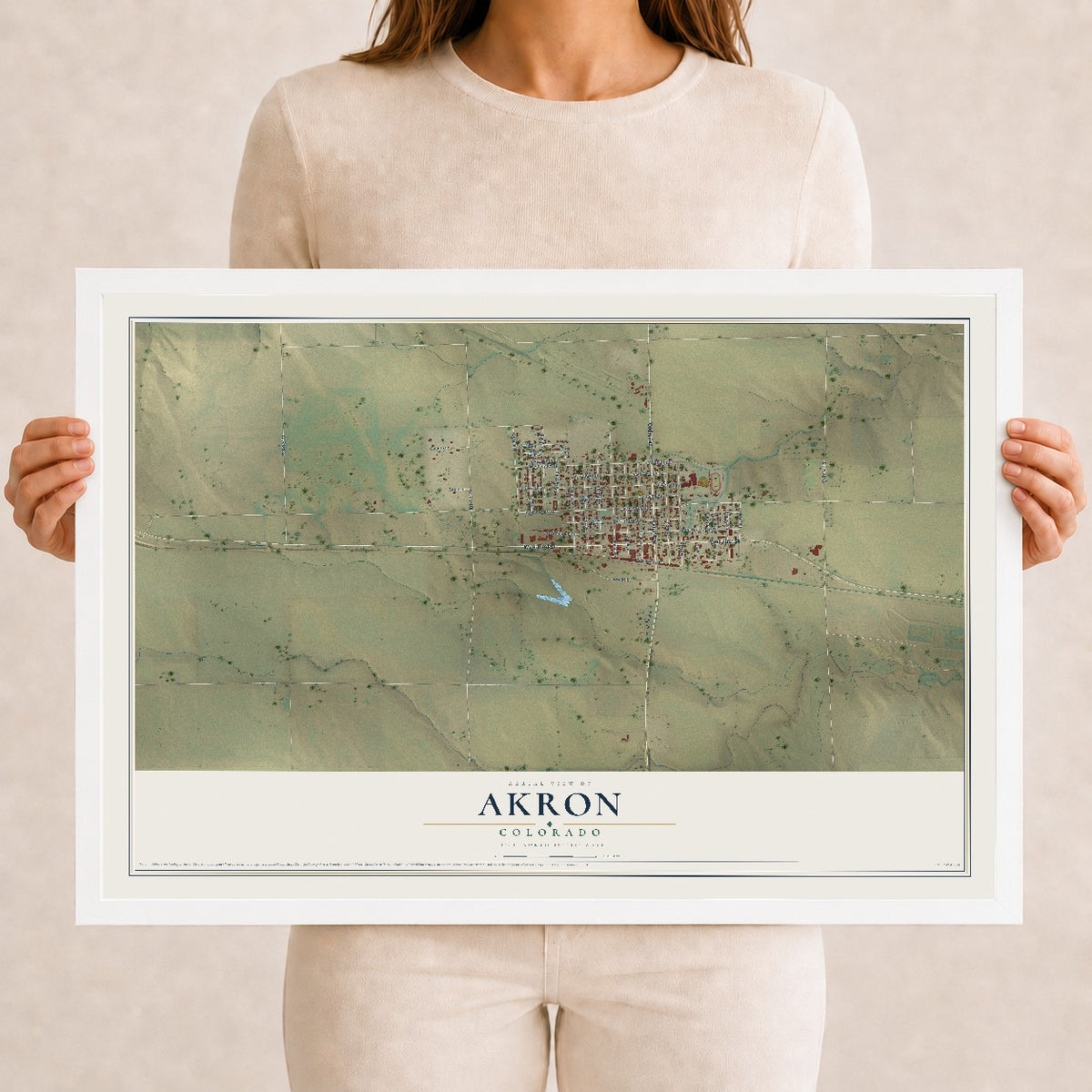 Map of Akron, Colorado, 12 x 18 inch print in a white wood frame