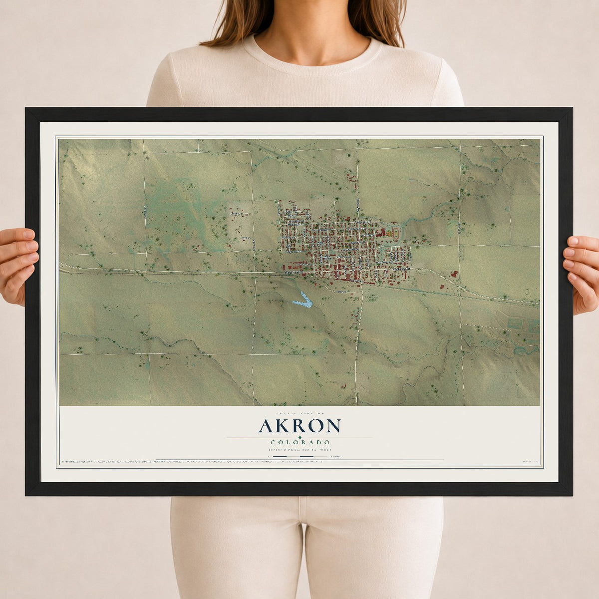 Map of Akron, Colorado, 18 x 24 inch print in a black wood frame