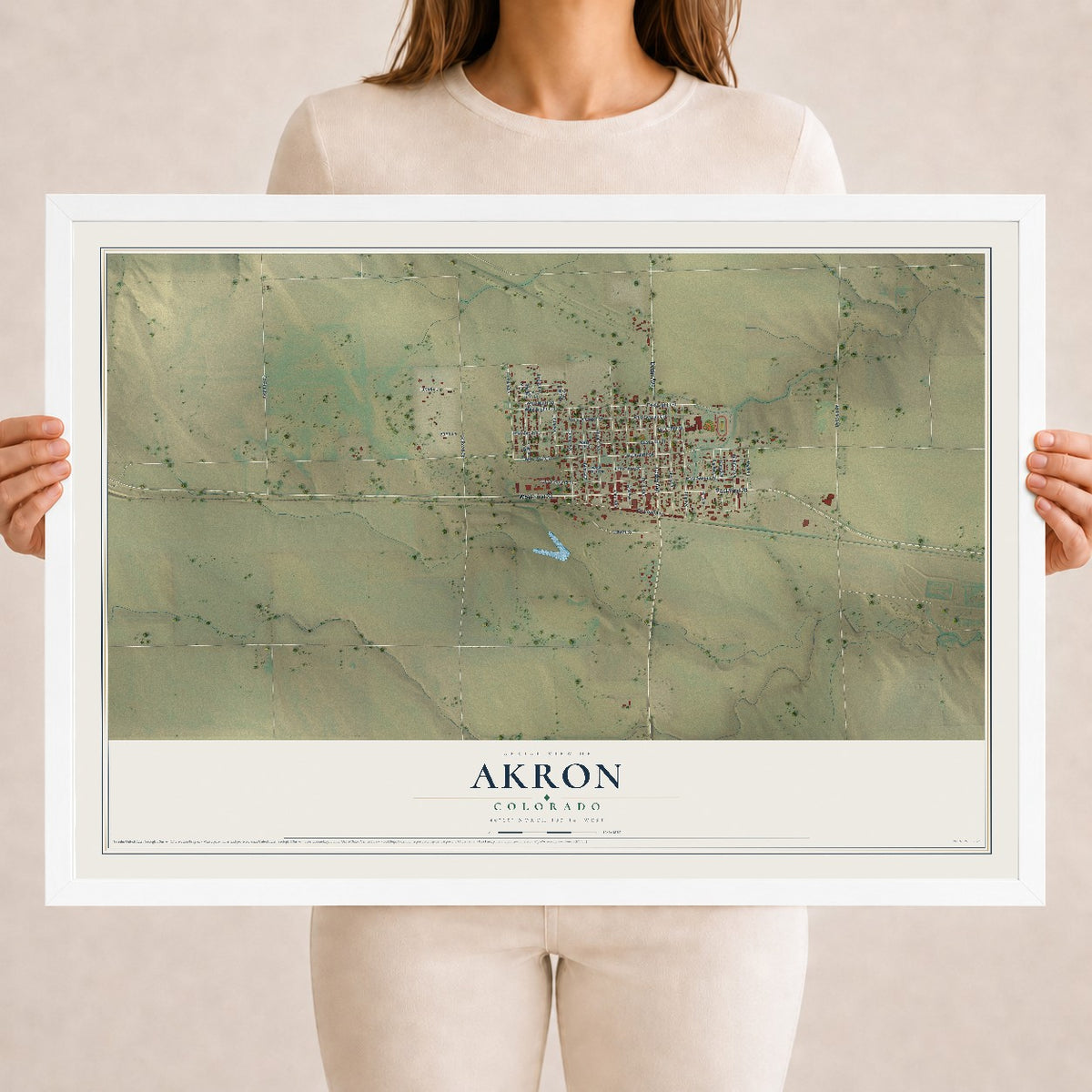 Map of Akron, Colorado, 18 x 24 inch print in a white wood frame