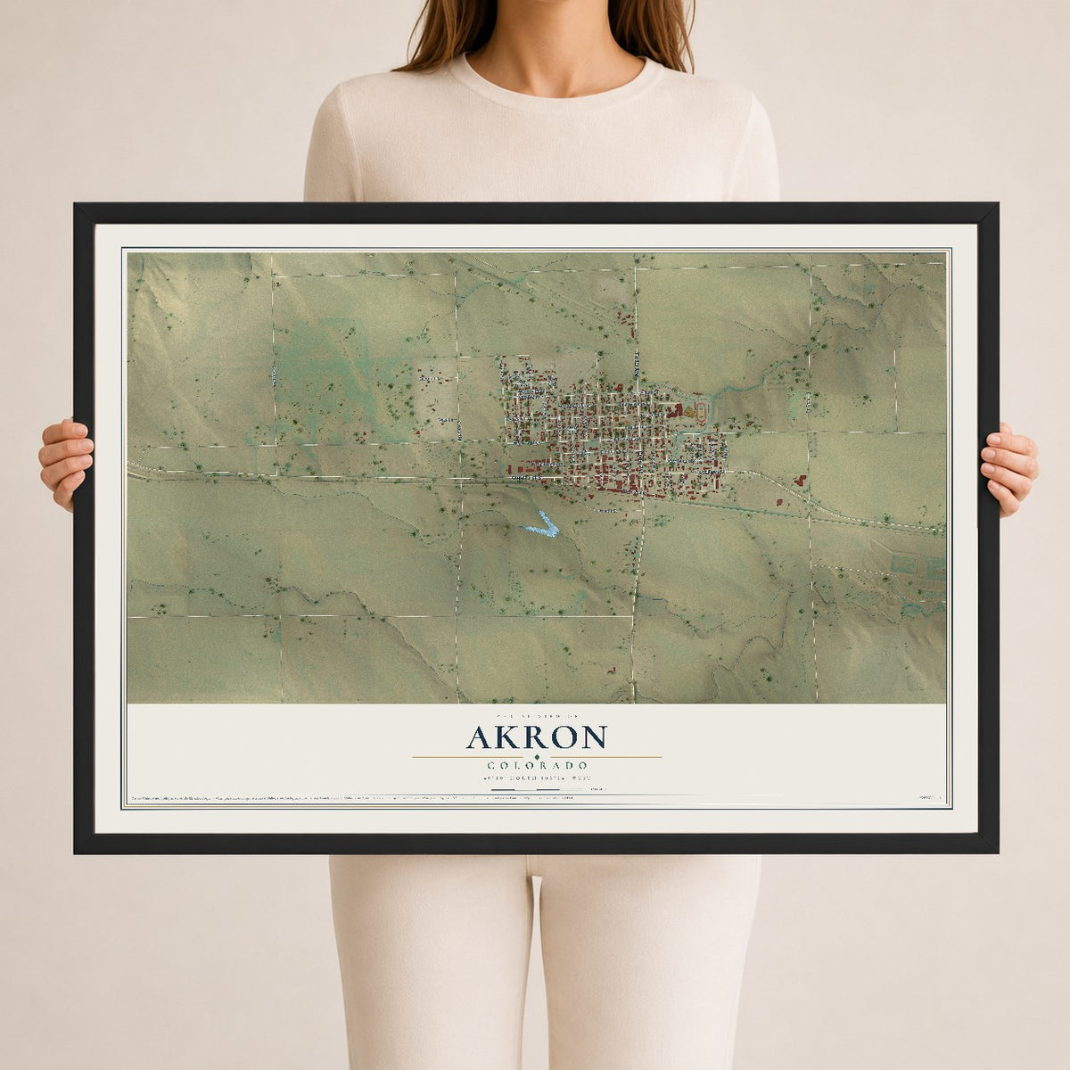 Map of Akron, Colorado, 24 x 36 inch print in a black wood frame