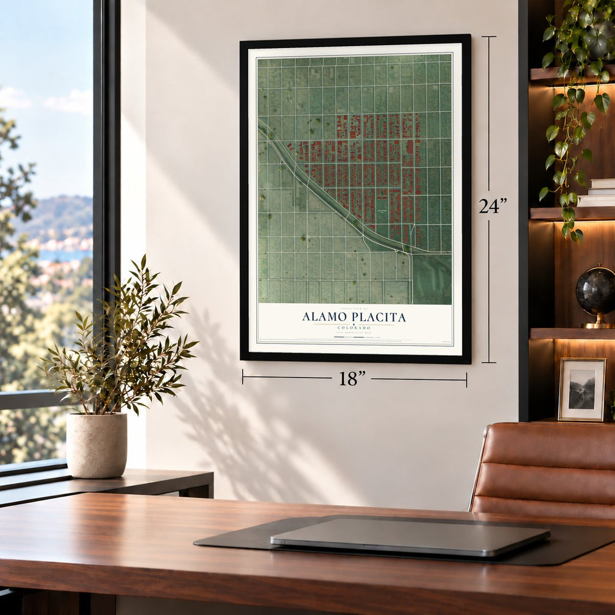 Alamo Placita, Colorado map, 18 x 24 inch print in a black frame in a home office