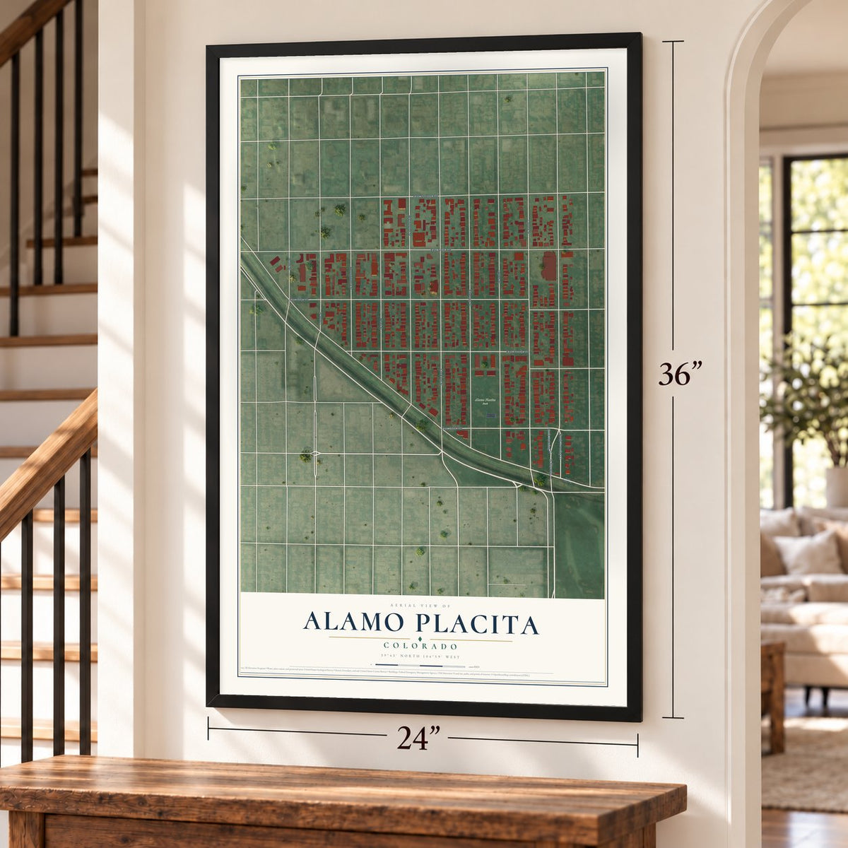 Alamo Placita, Colorado map, 24 x 36 inch print in a black frame by a staircase