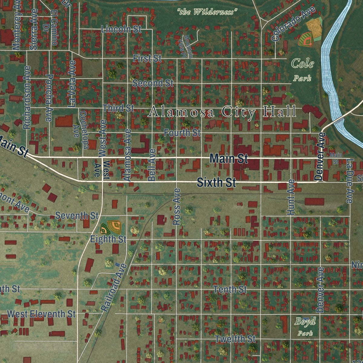 Close-up of the map of Alamosa, Colorado print showing street and building detail