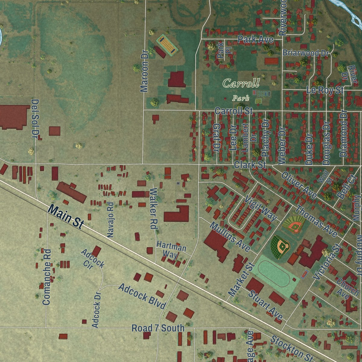 Second close-up of the map of Alamosa, Colorado print showing more streets and buildings