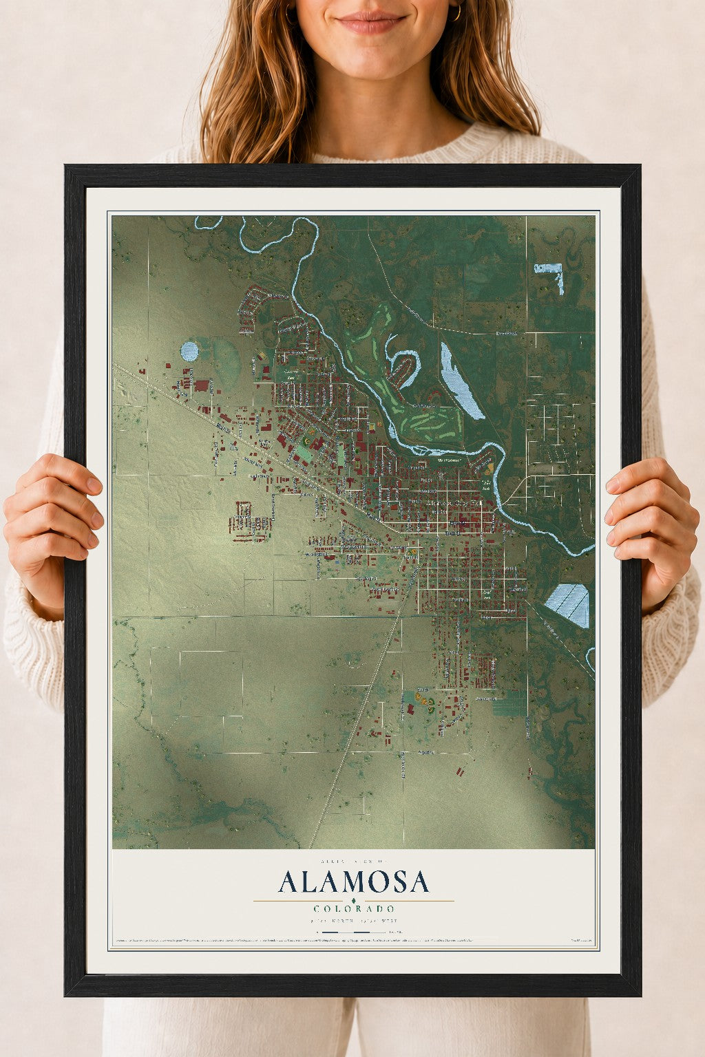 Map of Alamosa, Colorado, 18 x 24 inch print in a black wood frame
