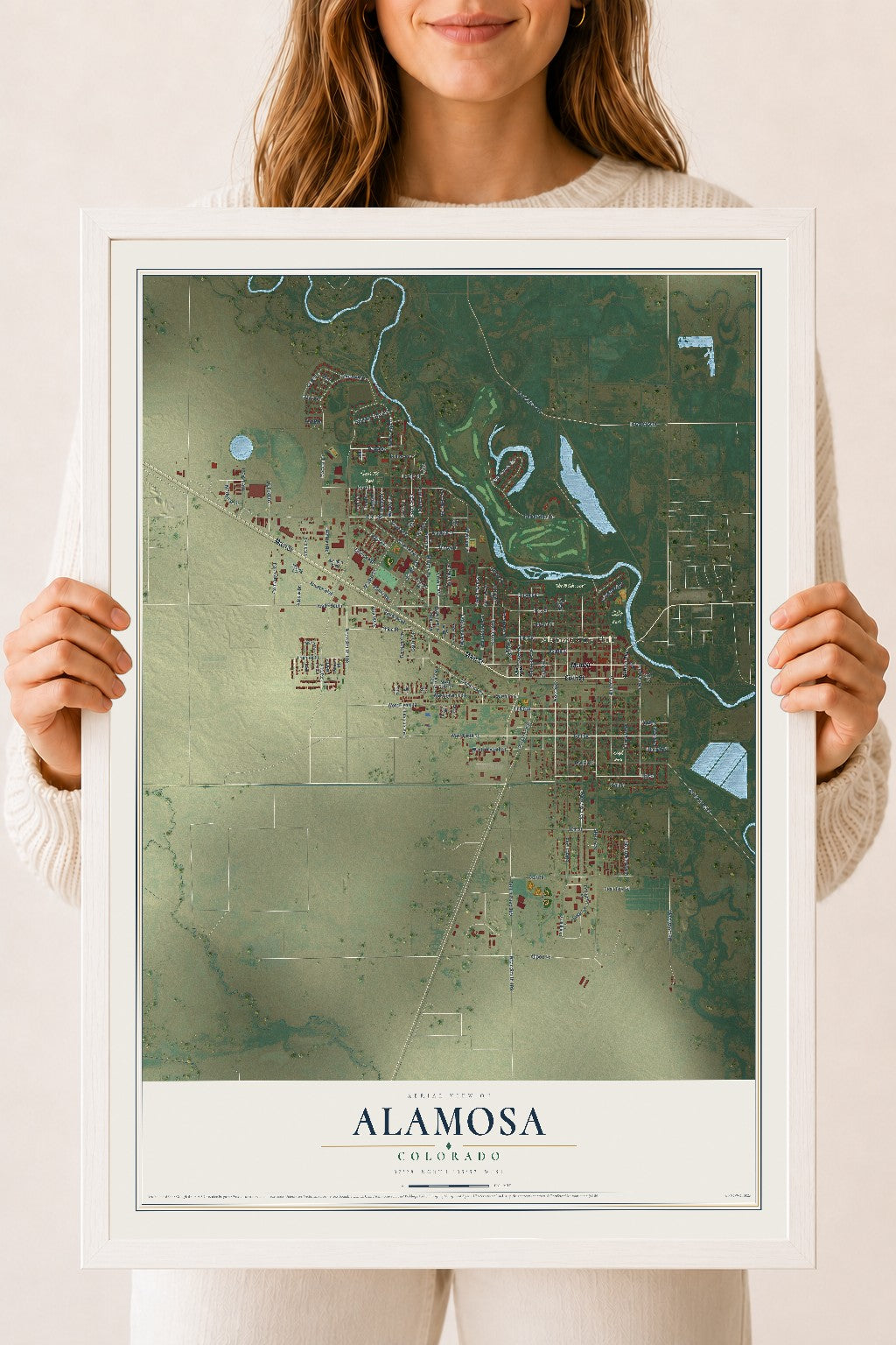 Map of Alamosa, Colorado, 18 x 24 inch print in a white wood frame
