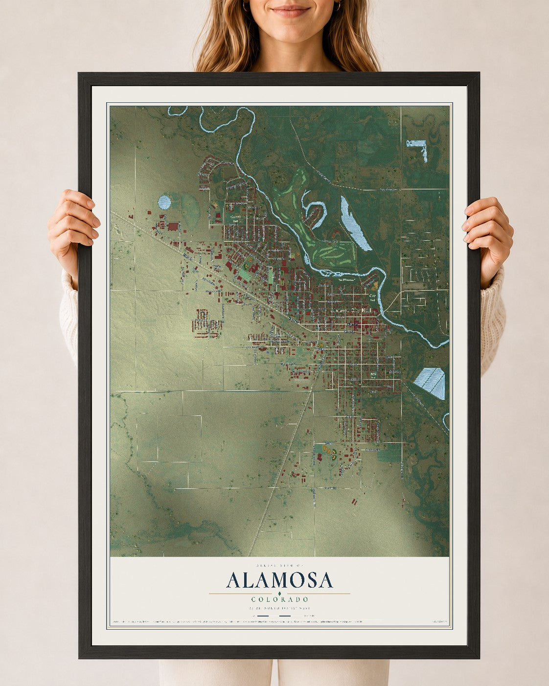 Map of Alamosa, Colorado, 24 x 36 inch print in a black wood frame