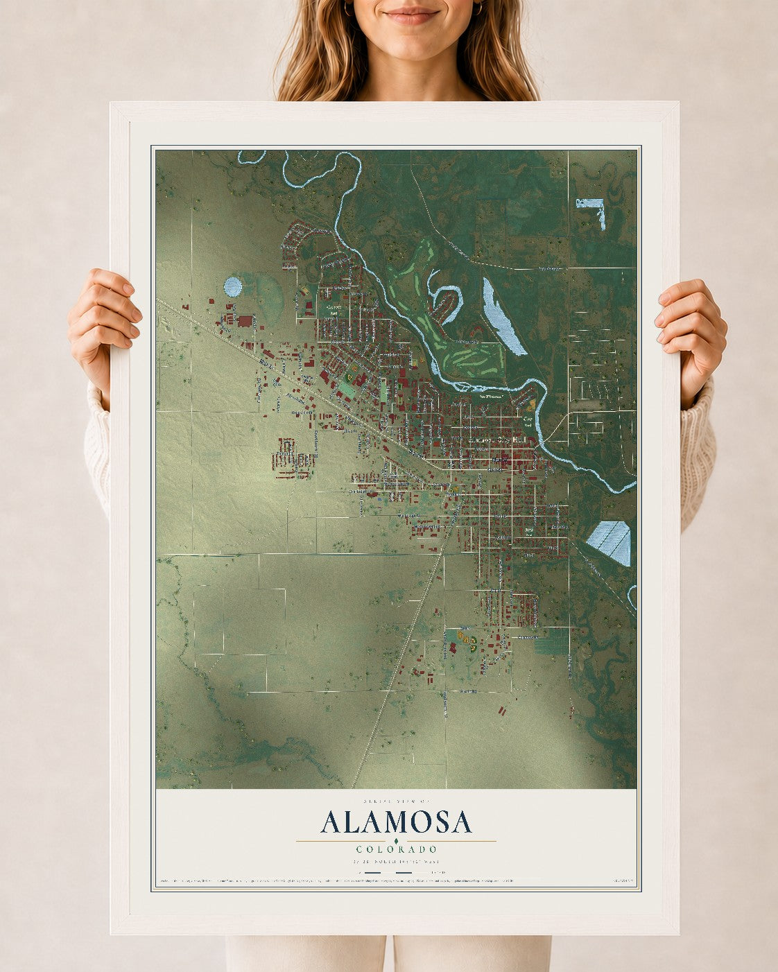 Map of Alamosa, Colorado, 24 x 36 inch print in a white wood frame